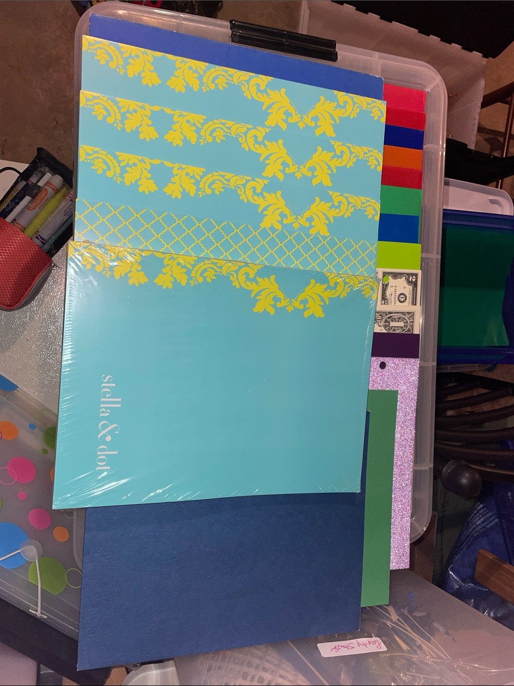 Stella & Dot Turquoise Folders with Yellow Ornamental Print